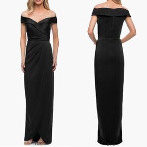 La Femme Surplice Off The Shoulder Column Gown Dress Black Satin Size 8 Preowned